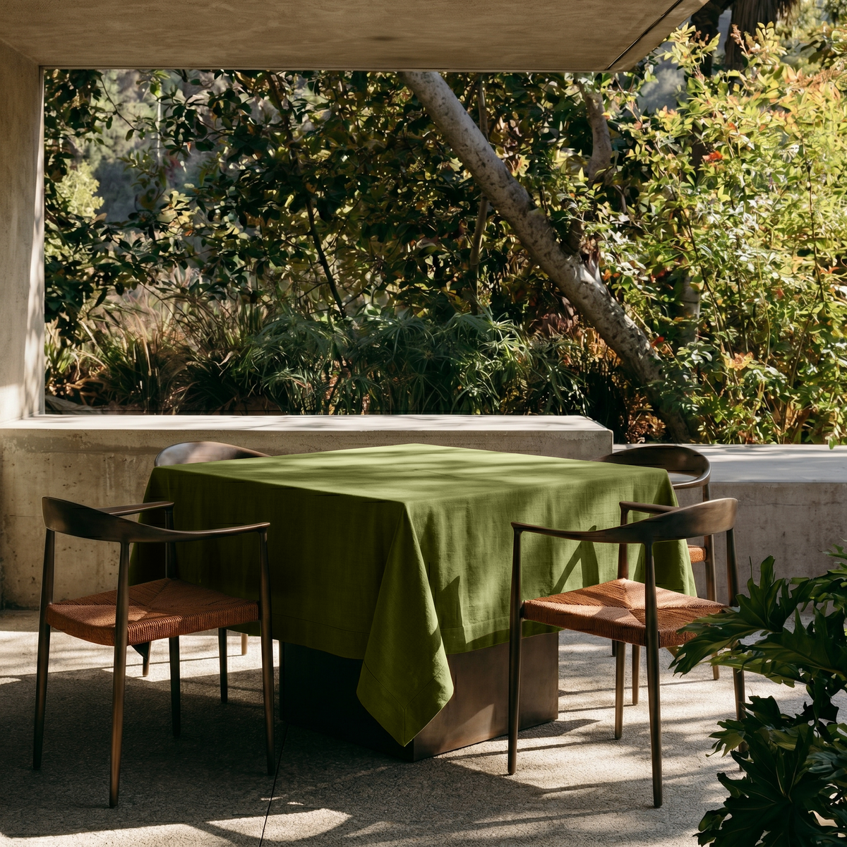 Moss Green Square Linen Tablecloth on a Contemporary Covered Patio with Woven Chairs