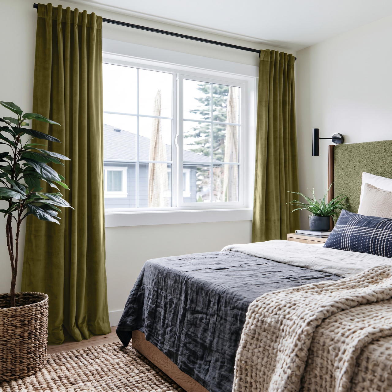 Moss Green Velvet Back Tab Curtains in a Modern Bedroom with Charcoal Bedding and a Green Upholstered Headboard