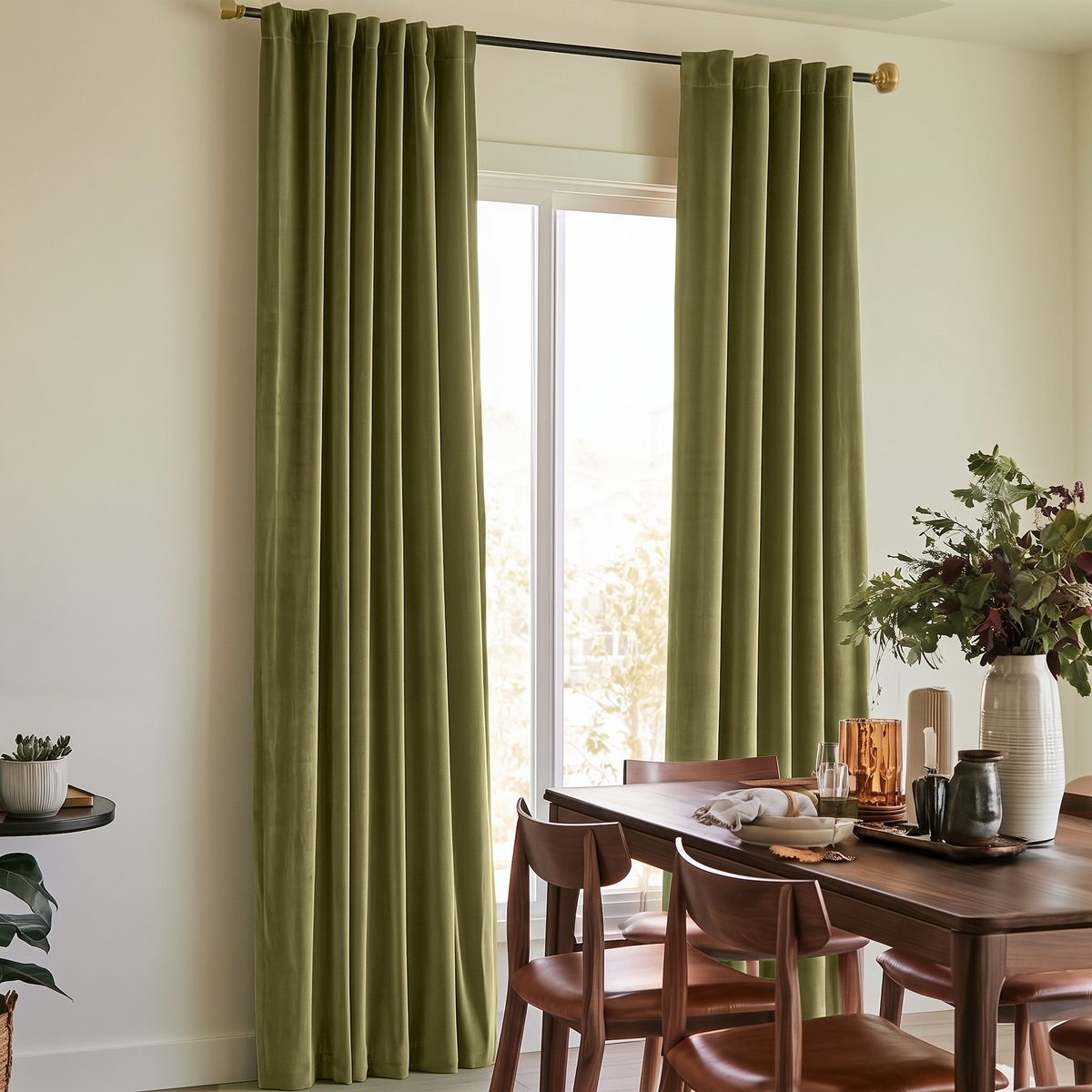 A pair of sage green curtain panels hanging on a black rod in a dining room setting with a wooden table and chairs.