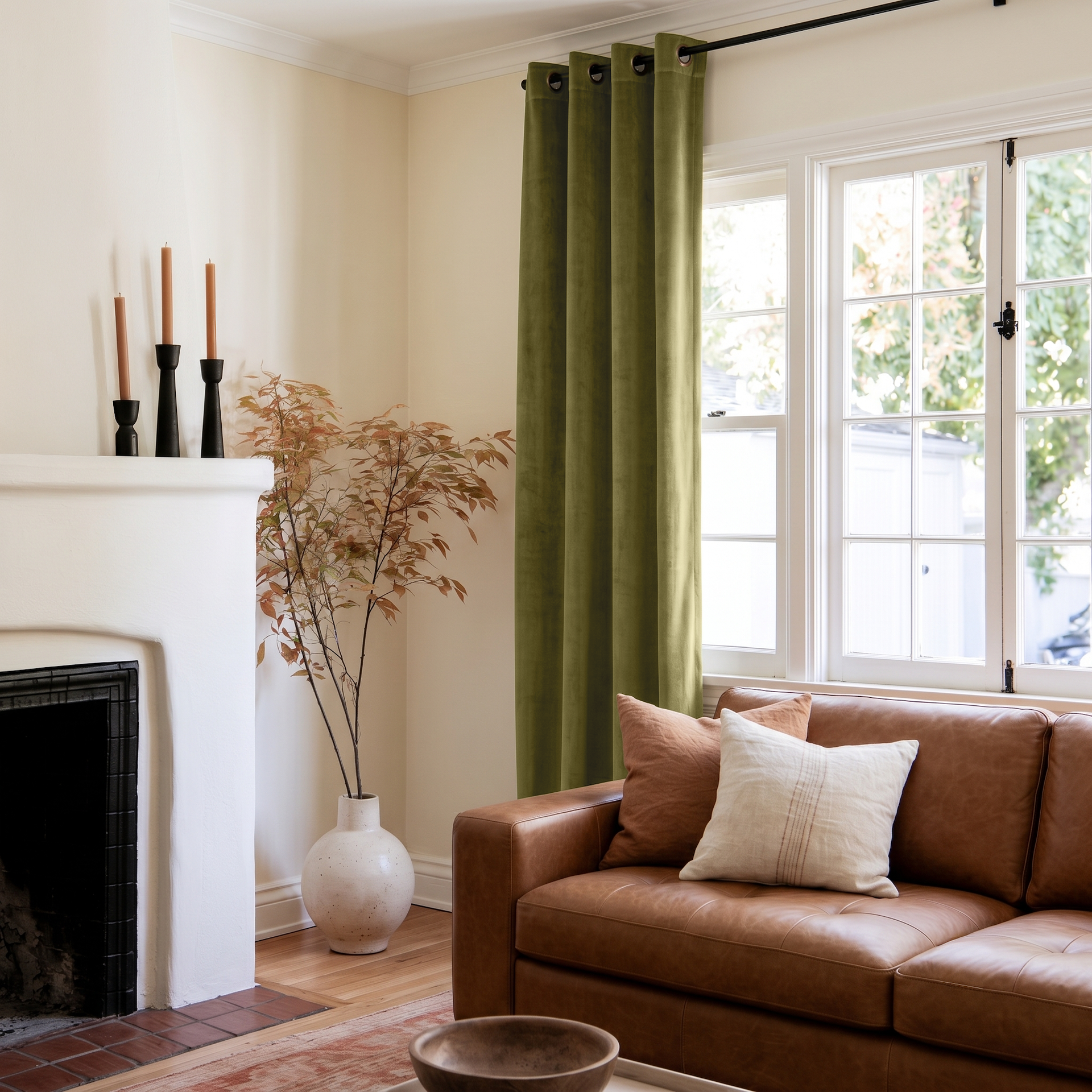 Moss Green Velvet Eyelet Curtains in a Modern Living Room with Cream Walls and a Caramel Leather Sofa