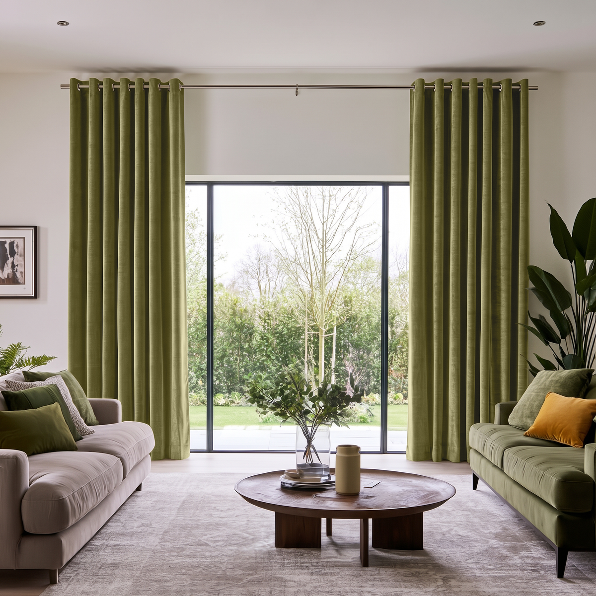 Moss Green Velvet Eyelets Extra Long Curtains in a Bright, Modern Living Room With a Large Window Looking Out Onto a Garden