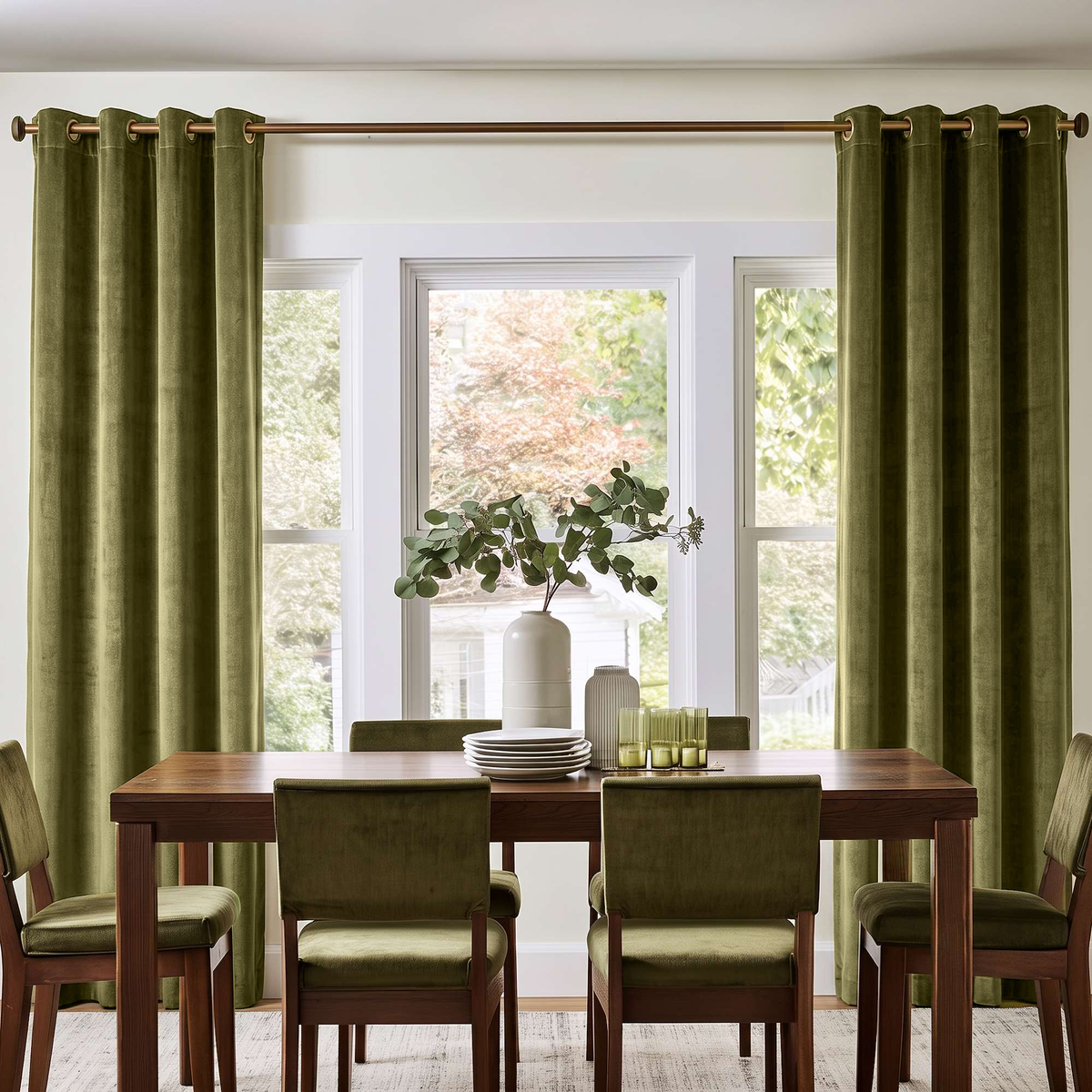 Olive green velvet grommet curtains hanging on a brass rod over a multi-pane window, flanking a wooden dining table and chairs in a bright, modern dining room.