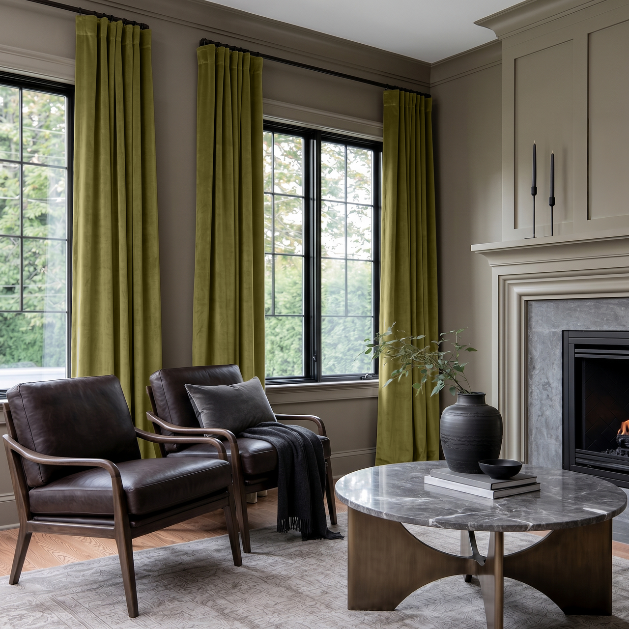 Moss Green Velvet Multitape Soundproof Curtains in a Living Room with Taupe Walls and a Fireplace