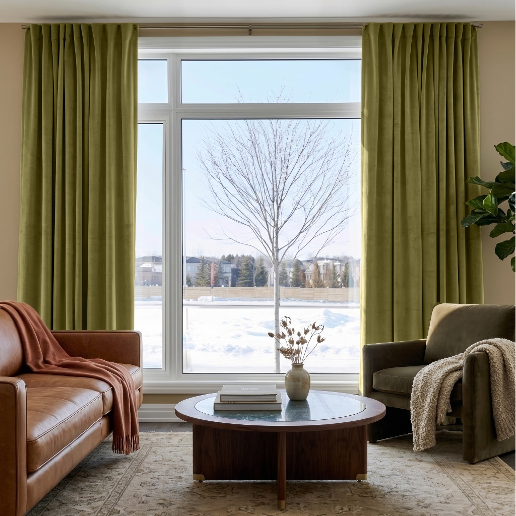 Moss Green Velvet Multitape Thermal Curtains in a Living Room with a Brown Leather Sofa
