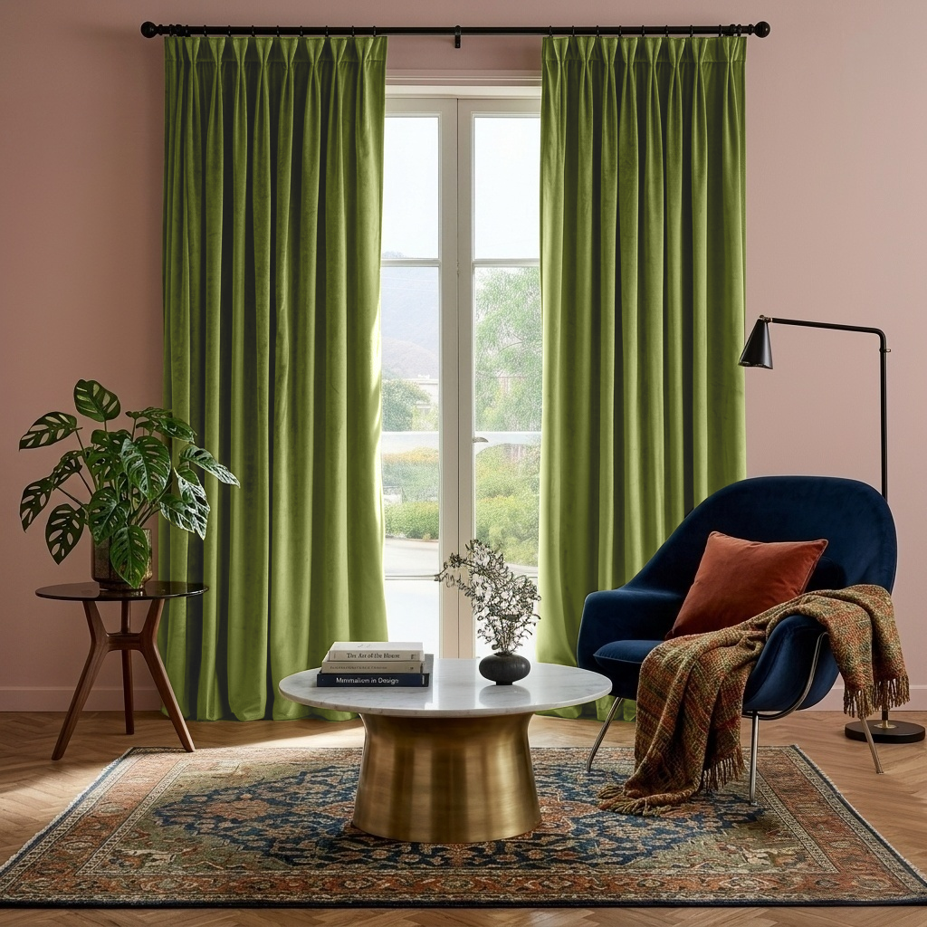 Moss Green Velvet Pinch Pleat Blackout Curtains in a Living Room with Dusty Pink Walls