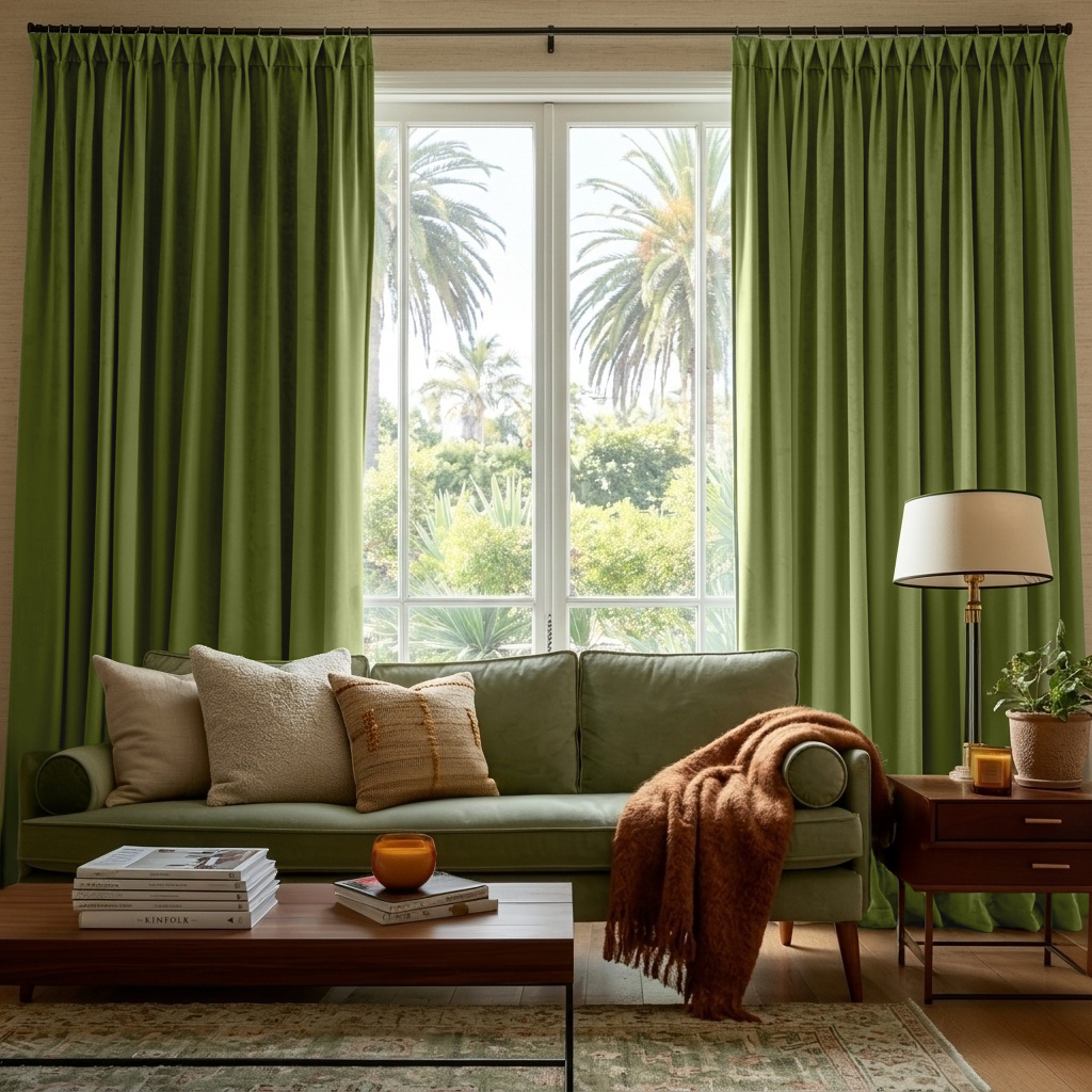 Moss Green Velvet Pinch Pleat Blackout Curtains in a Living Room with Oatmeal Walls