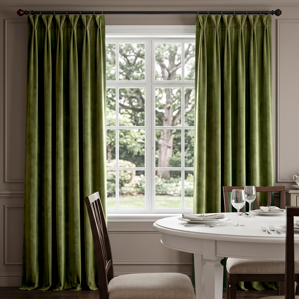 A pair of olive green velvet curtain panels hanging on a dark curtain rod in front of a white multi-pane window, with a dining table and chairs visible in the softly lit room.