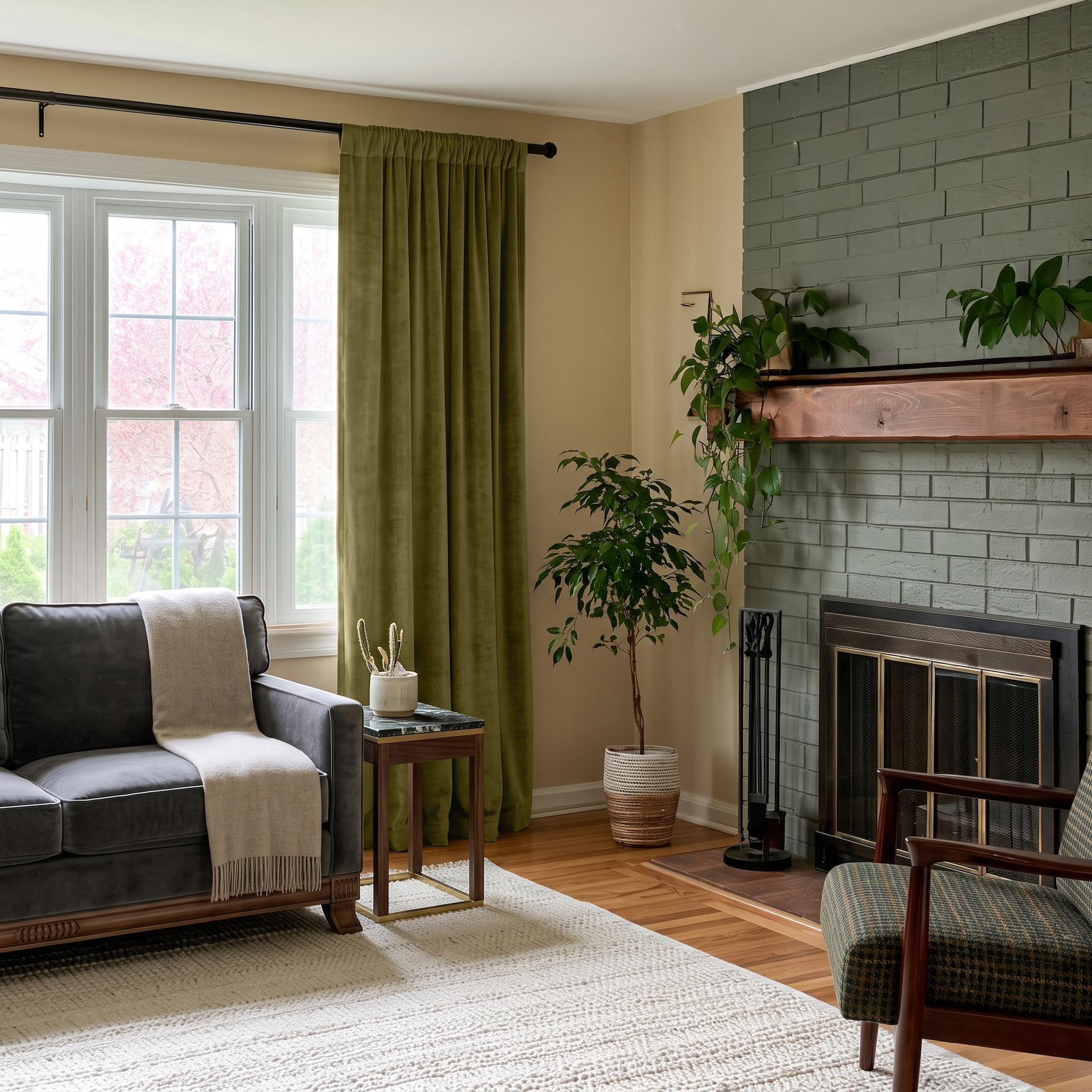 Moss Green Velvet Rod Pocket Curtains in a Traditional Living Room with a Gray Leather Sofa and Sage Brick Fireplace