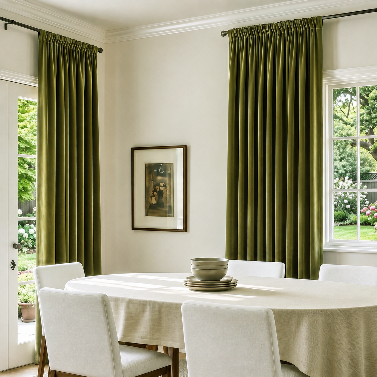 A pair of olive green pleated window curtains hanging on dark metal rods in a bright dining room with a white tablecloth and chairs.