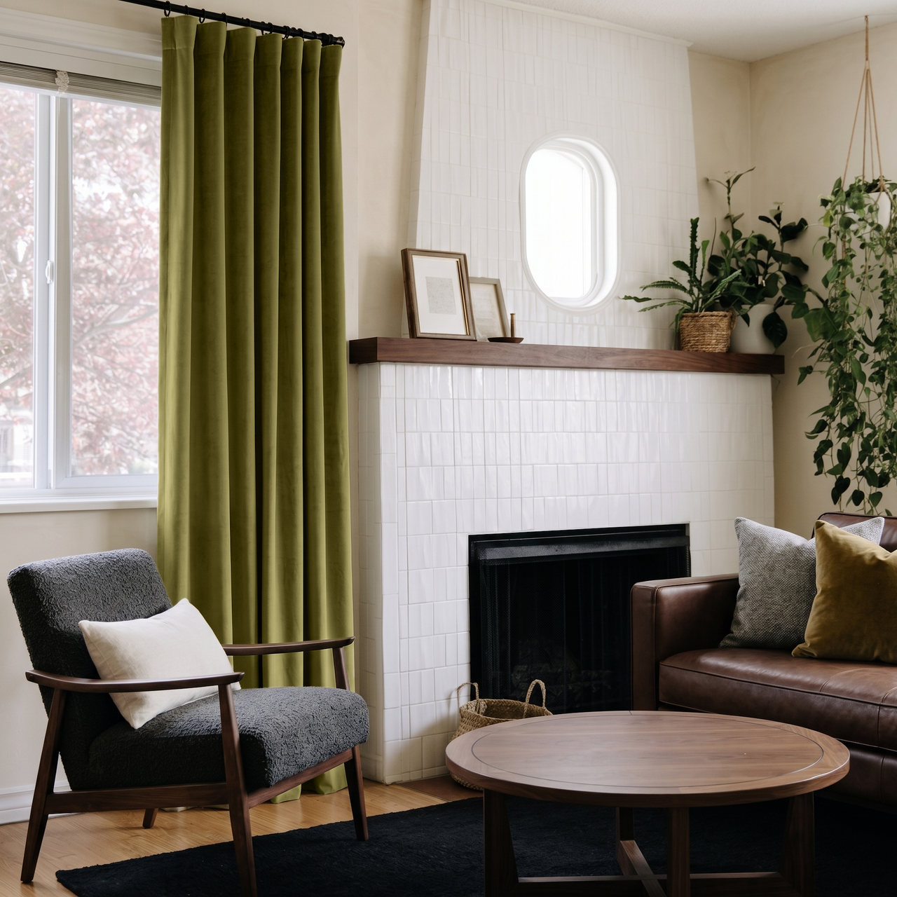 Moss Green Velvet S-Fold Curtains in a Mid-Century Living Room with a White Tiled Fireplace and Brown Leather Sofa