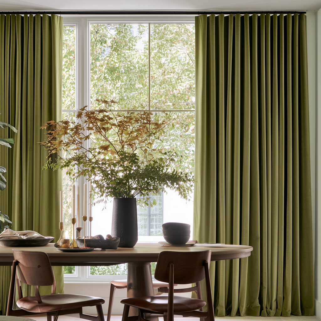 Olive green curtain panels hanging on a window in a dining room setting with a wooden table and chairs.