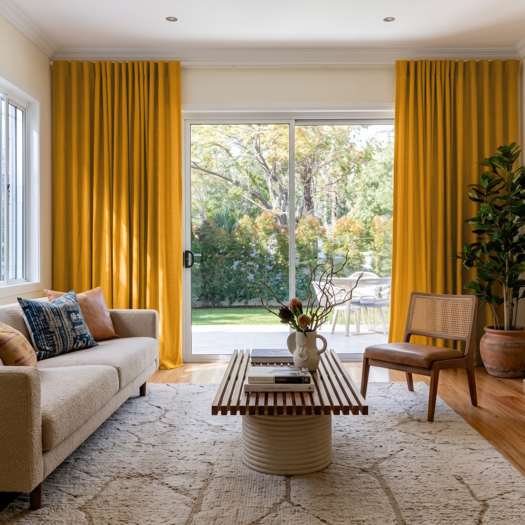 Mustard Yellow Linen Back Tab Extra Wide Curtains for Sliding Door in a Warm Living Room with Cream Wall and Natural Wood Furniture - Blackout Lining