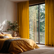 Mustard Yellow Linen Back Tab Curtains for Bifold Doors in a Bedroom with Off-White Walls