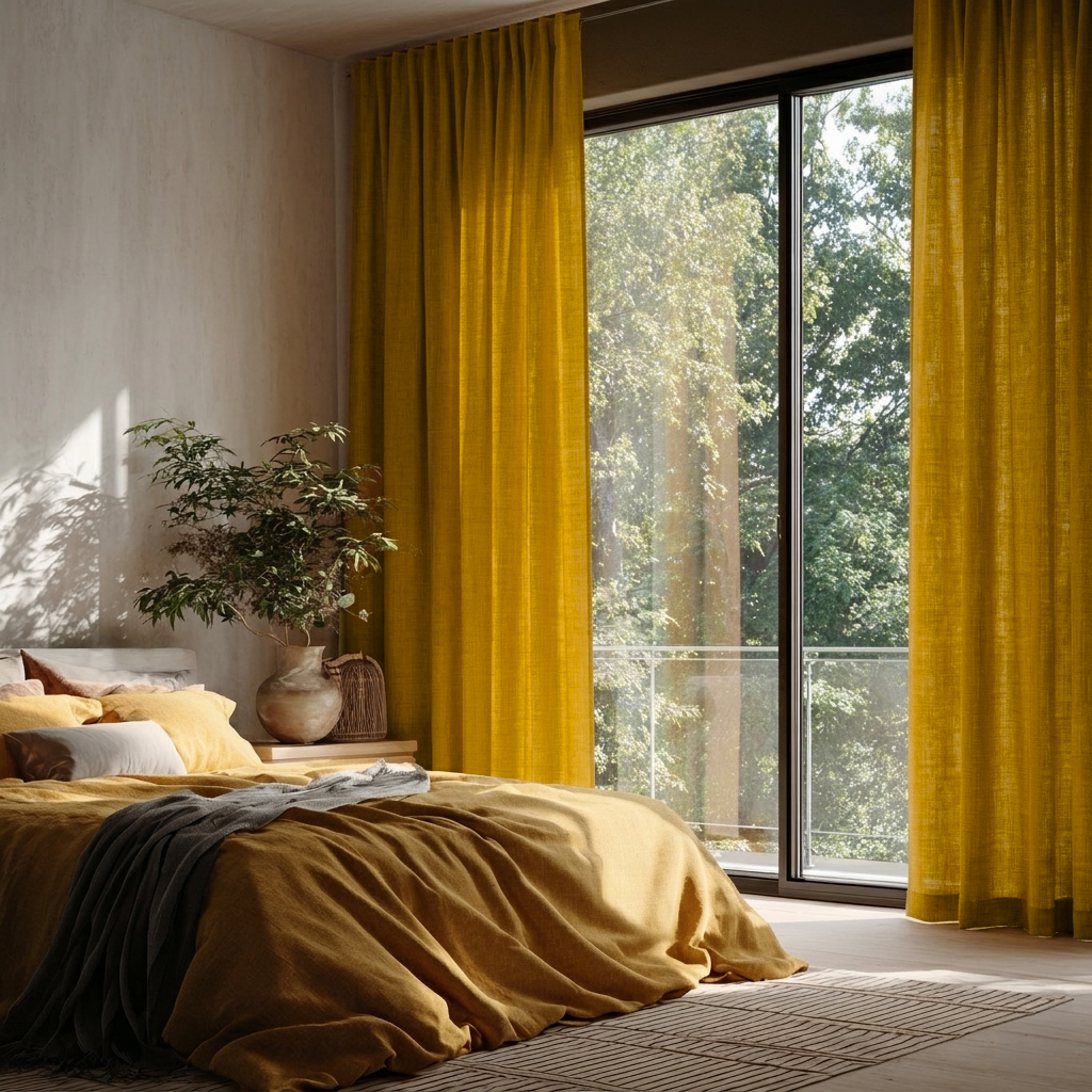 Mustard Yellow Linen Back Tab Curtains for Bifold Doors in a Bedroom with Off-White Walls