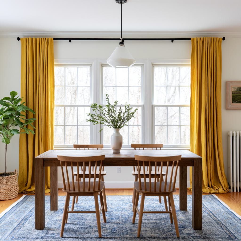 Mustard Yellow Linen Back Tab Curtains in a Transitional Dining Room with Wooden Furniture and Blue Area Rug