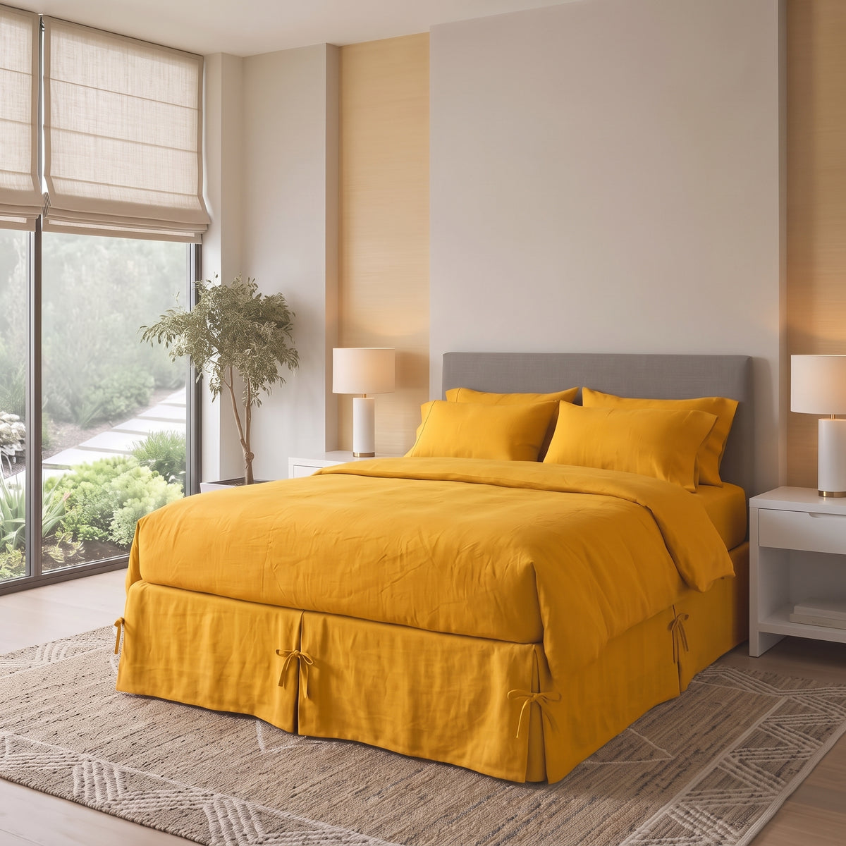 Mustard Yellow Linen Bed Skirt with Pleats