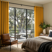 Mustard Yellow Linen Eyelet Bedroom Curtains in a Warm Modern Bedroom with Light Greige Walls and Textured Taupe Bedding - Blackout Lining