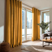 Mustard Yellow Linen Eyelet Curtains for Bifold Doors in a Living Room with White Walls - Cotton Lining