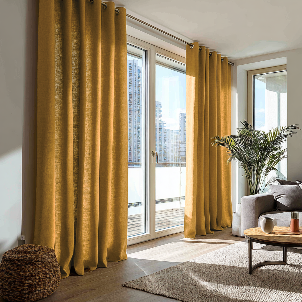 Mustard Yellow Linen Eyelet Curtains for Bifold Doors in a Living Room with White Walls - Cotton Lining