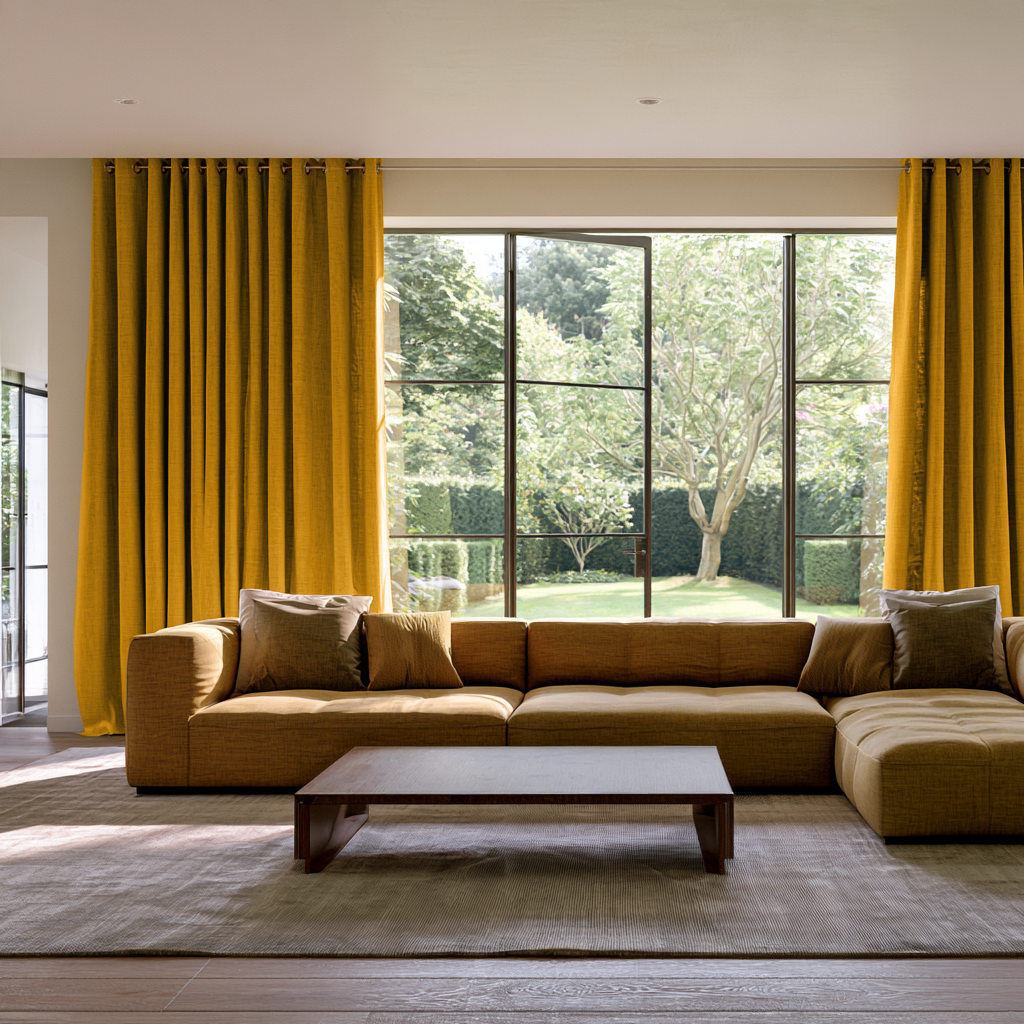 Mustard Yellow Linen Eyelets Extra Long Curtains in a Modern Living Room with Large Mustard Yellow Sectional Sofa With Matching Throw Pillows, a Low Wooden Coffee Table, and a Textured Beige Rug