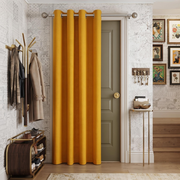 Thermal Door Curtain in a Hallway with Patterned Wallpaper and a Metal Coat Stand