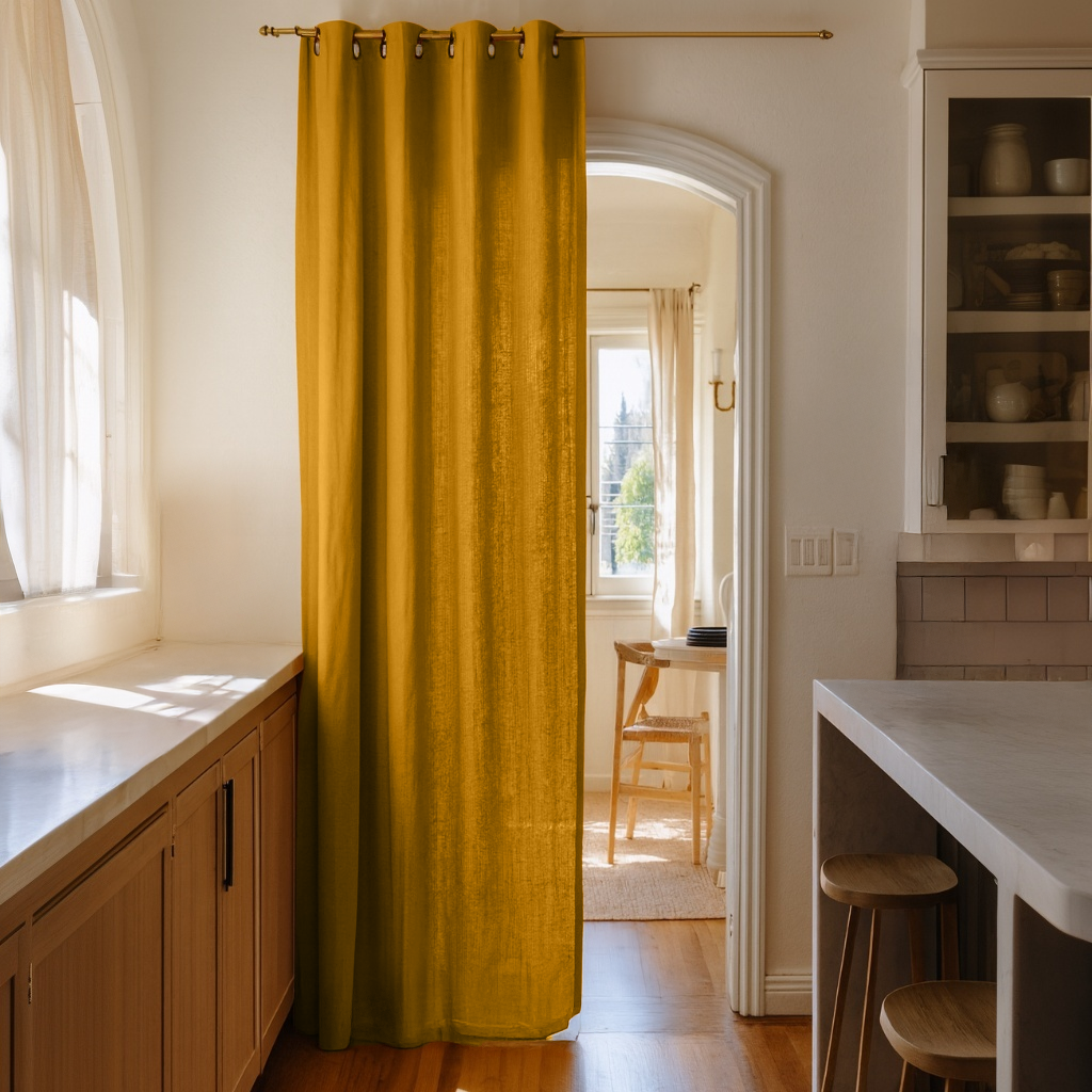 Mustard Yellow Linen Doorway Curtain with Eyelets