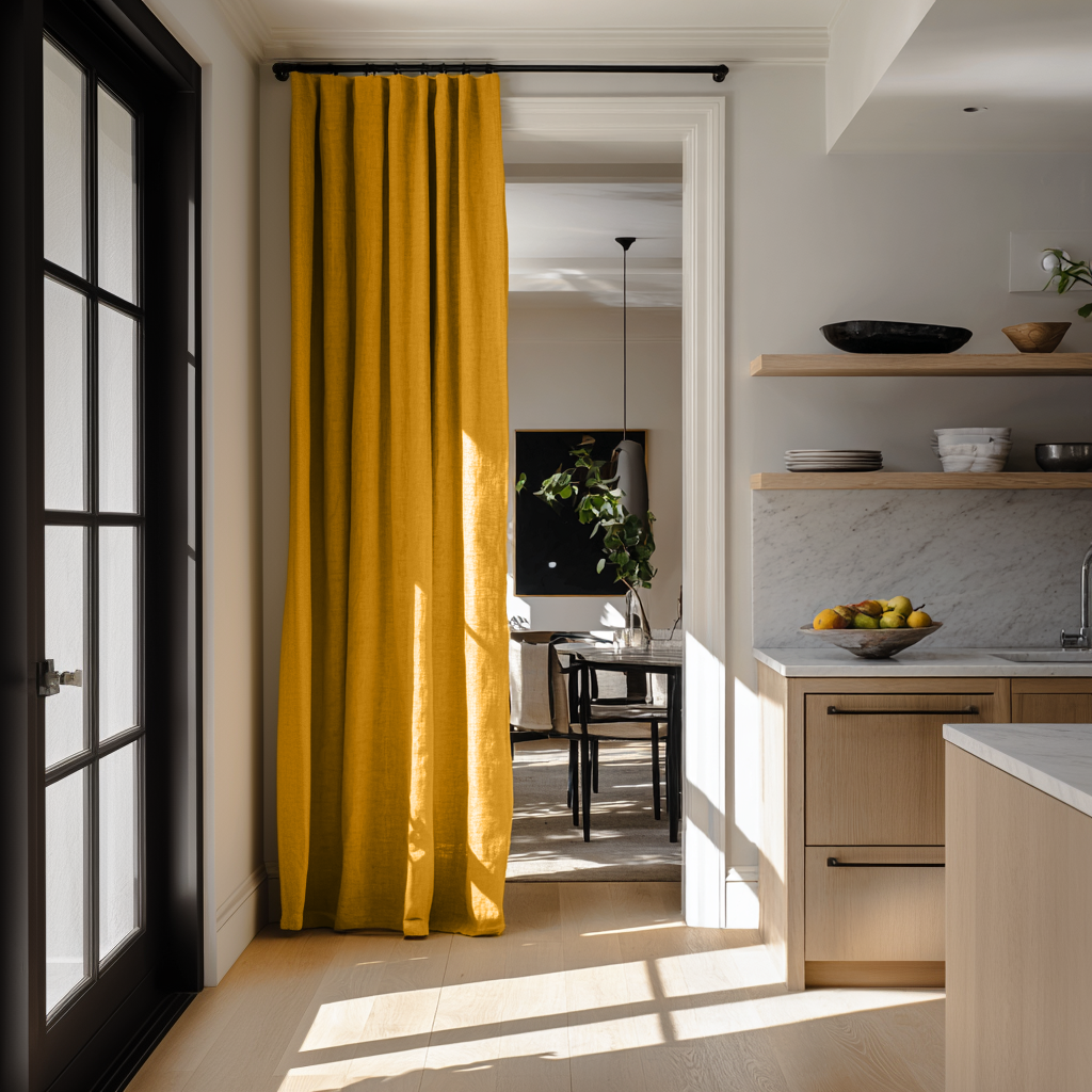 Mustard Yellow Linen Doorway Curtain with Multitape