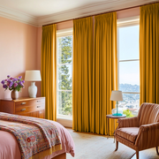 Mustard Yellow Linen Pencil Pleat Bedroom Curtains in a Bedroom with Soft Blush Walls, Patterned Bedding and a Striped Chair - Blackout Lining