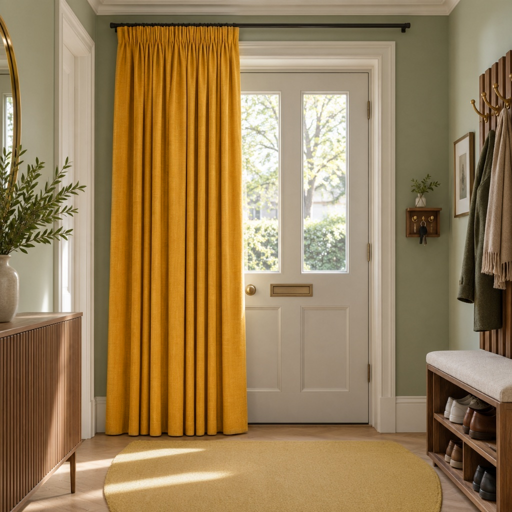 Thermal Door Curtain in a Hallway with Sage Green Walls and Wooden Furniture