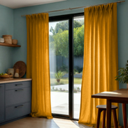Mustard Yellow Linen Pinch Pleat Curtains for Bifold Doors in a Kitchen with Blue Walls