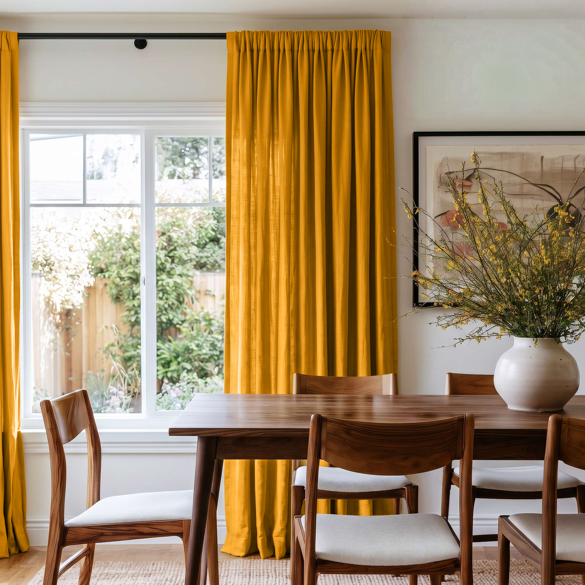 Mustard Yellow Linen Rod Pocket Curtains in a Mid-Century Modern Dining Room with Walnut Furniture and Floral Arrangement