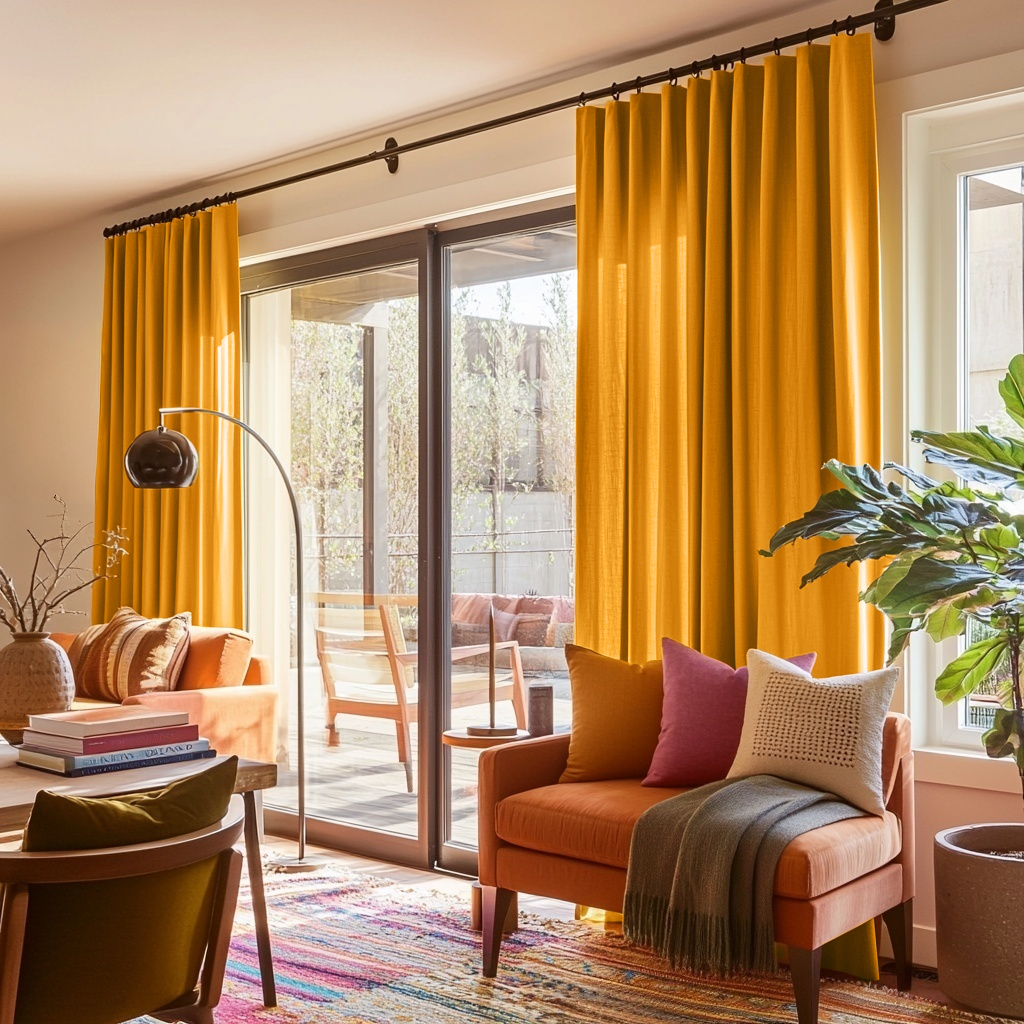 Mustard Yellow Linen S-Fold Curtains for Bifold Doors in a Living Room with Beige Walls - Cotton Lining