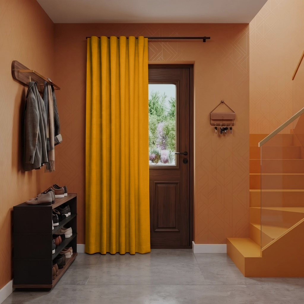 Thermal Door Curtain in a Hallway with Orange Walls and a Floating Coat Rack