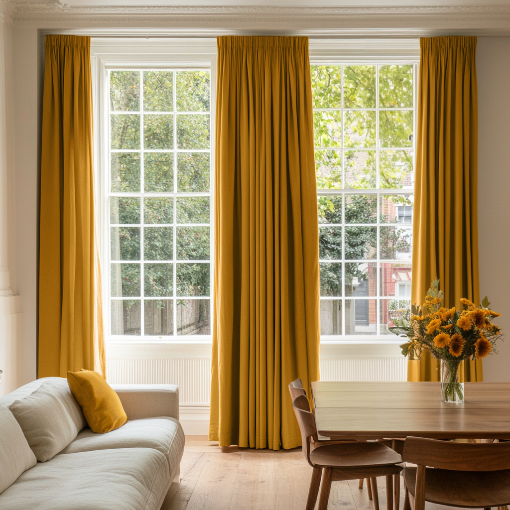 Mustard Yellow Linen Pencil Pleat Curtains - Cotton Lining
