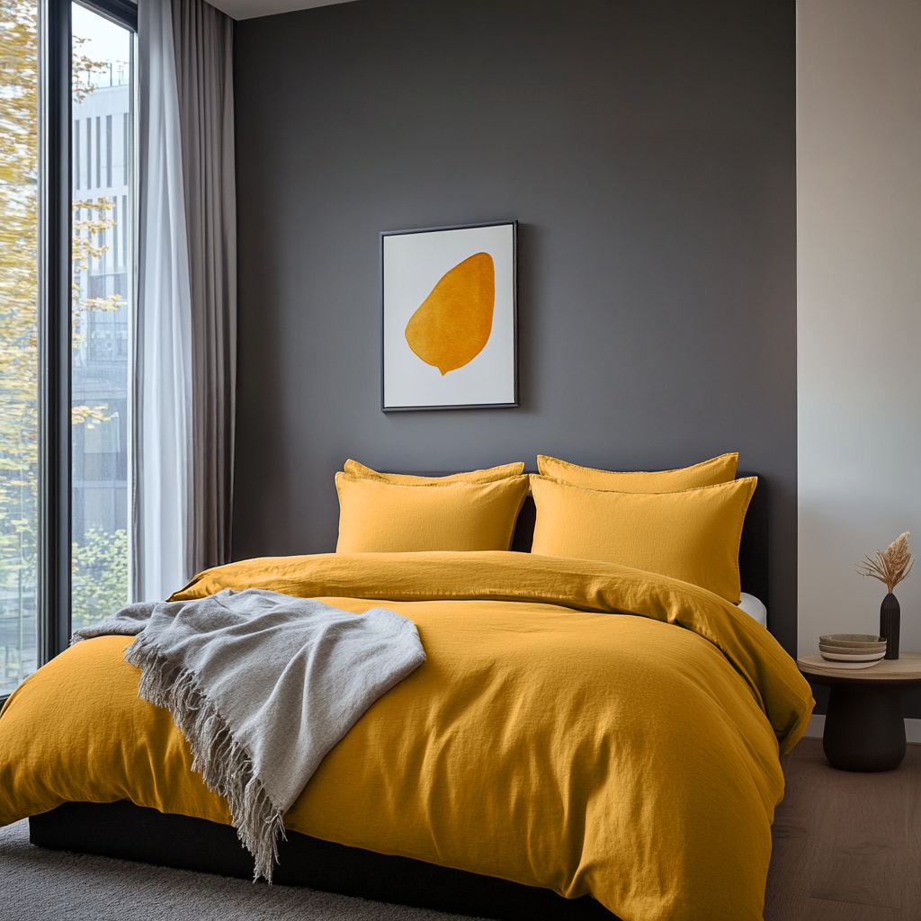 Mustard Yellow Washed Linen Duvet Cover Set