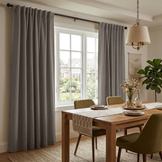 Natural Heavy Weight Linen Back Tab Curtains in a Transitional Dining Room with Wooden Table and Olive Upholstered Chairs