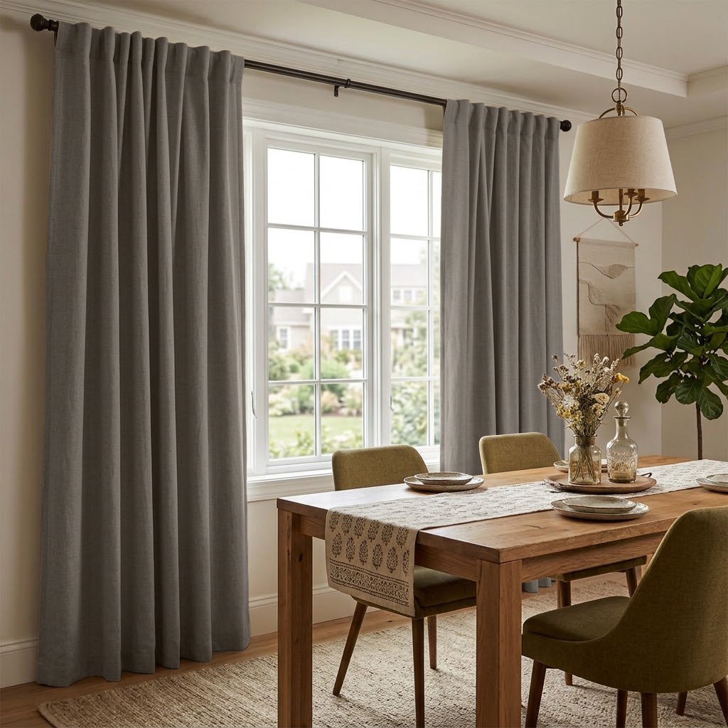 Natural Heavy Weight Linen Back Tab Curtains in a Transitional Dining Room with Wooden Table and Olive Upholstered Chairs
