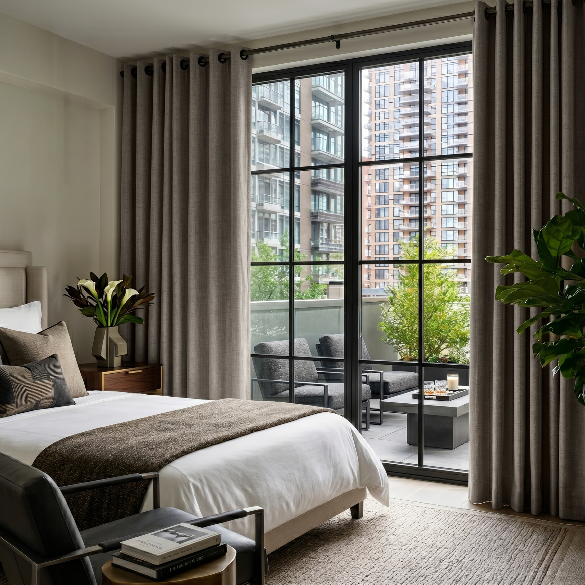 Natural Heavy Weight Linen Eyelet Bedroom Curtains in an Elegant Urban Bedroom with Pale Neutral Walls and Charcoal Accents - Blackout Lining