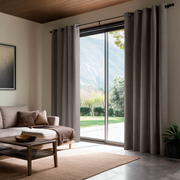 Natural Heavy Weight Linen Eyelet Curtains for Sliding Door in a Contemporary Living Room - Blackout Lining