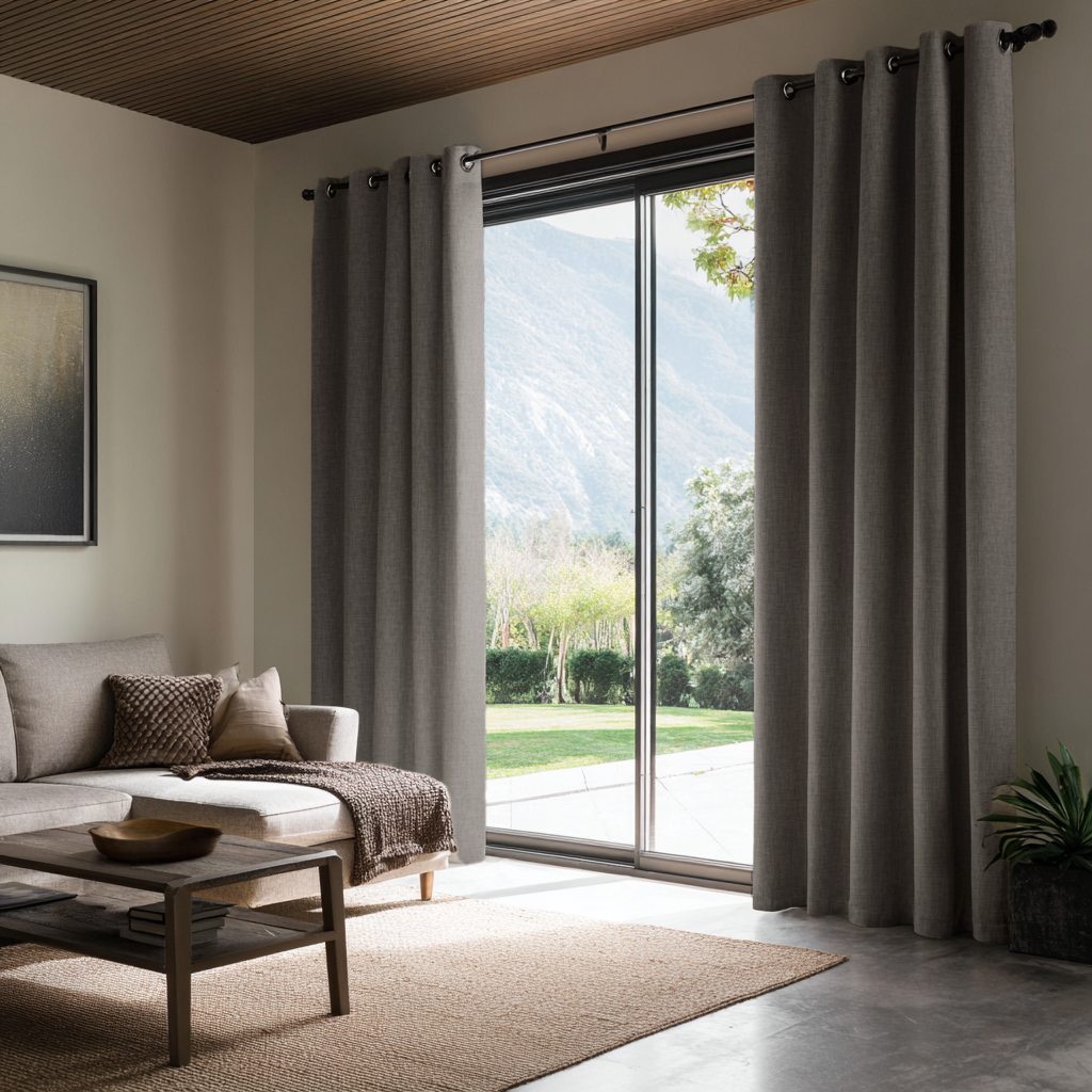 Natural Heavy Weight Linen Eyelet Curtains for Sliding Door in a Contemporary Living Room - Blackout Lining