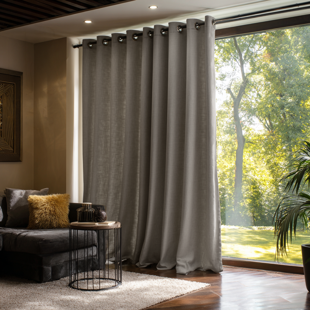 Natural Heavy Weight Linen Eyelets Extra Long Curtains in a Moody Contemporary Living Room with Dark Furniture and Large Garden Windows