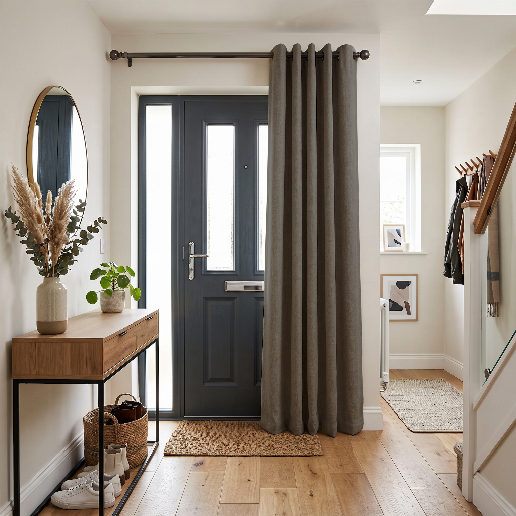 Natural Heavy Weight Thermal Door Curtains in a Hallway with Off-White Walls and a Wooden Console Table