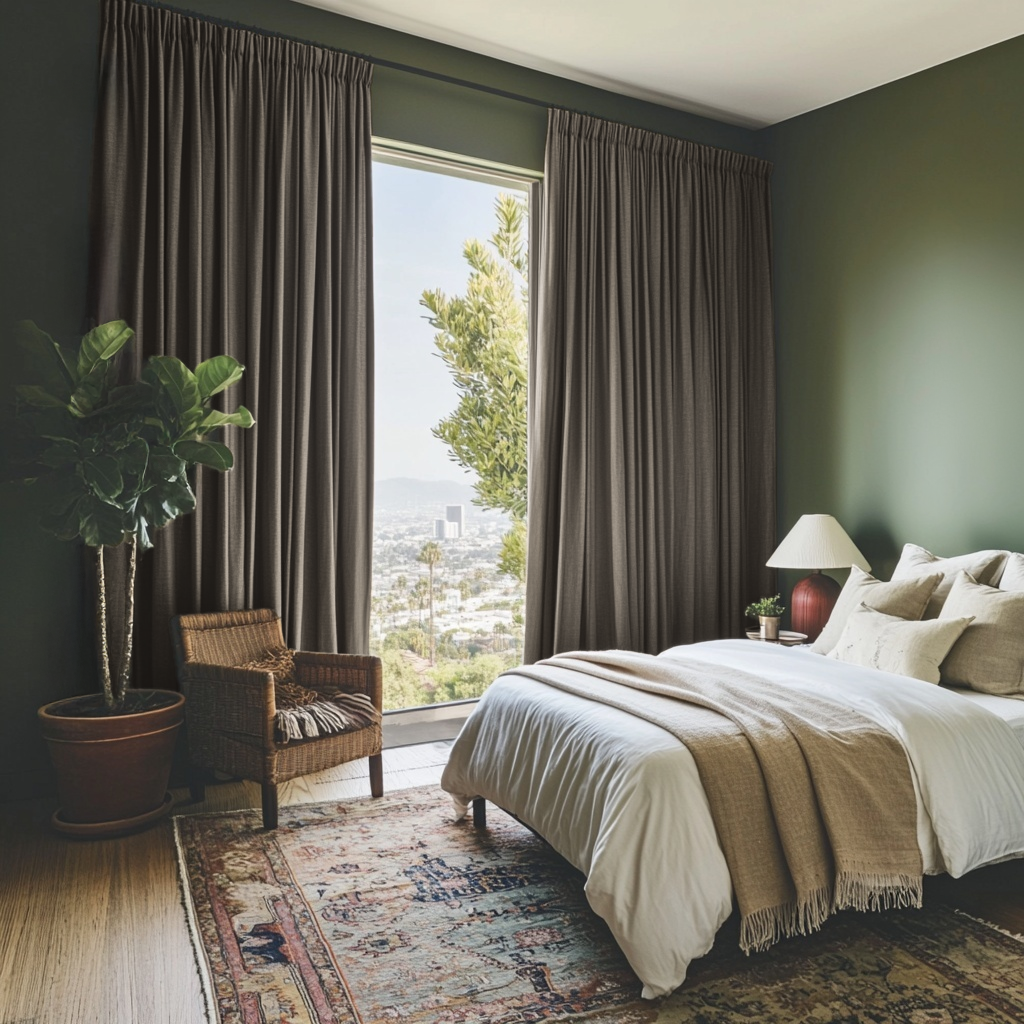 Natural Heavy Weight Linen Pencil Pleat Bedroom Curtains in a Bedroom with Deep Green Walls