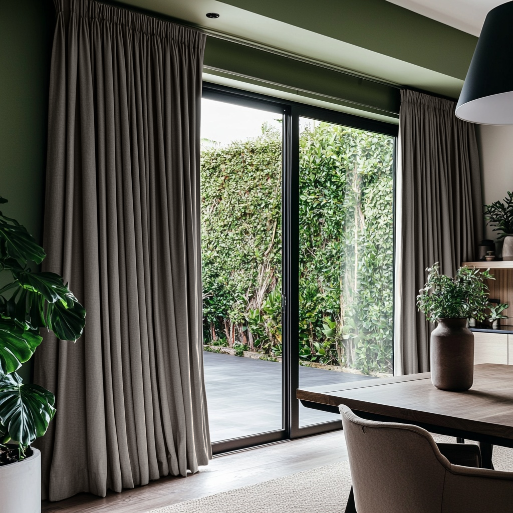 Natural Heavy Weight Linen Pencil Pleat Curtains for Sliding Door in a Modern Dining Room with Green Walls - Blackout Lining