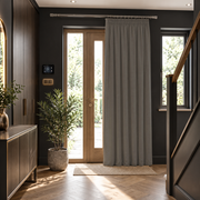 Natural Heavy Weight Thermal Door Curtains in a Hallway with Dark Grey Walls 