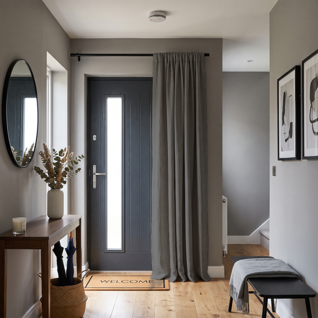 Natural Heavy Weight Thermal Door Curtains in a Hallway with Grey Walls and a Dark Grey Front Door