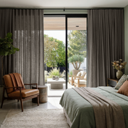 Natural Heavy Weight Linen S-Fold Curtains for Large Sliding Doors in a Bedroom with Sage Green Walls