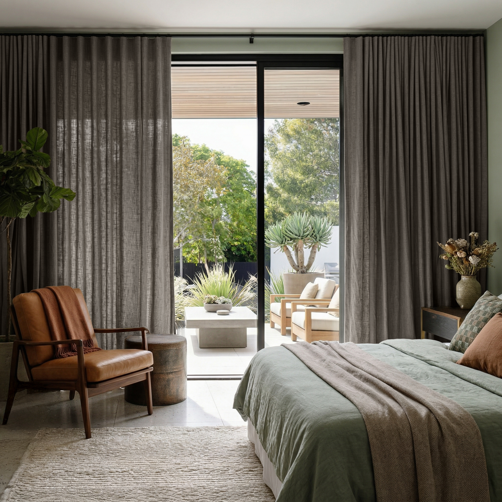 Natural Heavy Weight Linen S-Fold Curtains for Large Sliding Doors in a Bedroom with Sage Green Walls