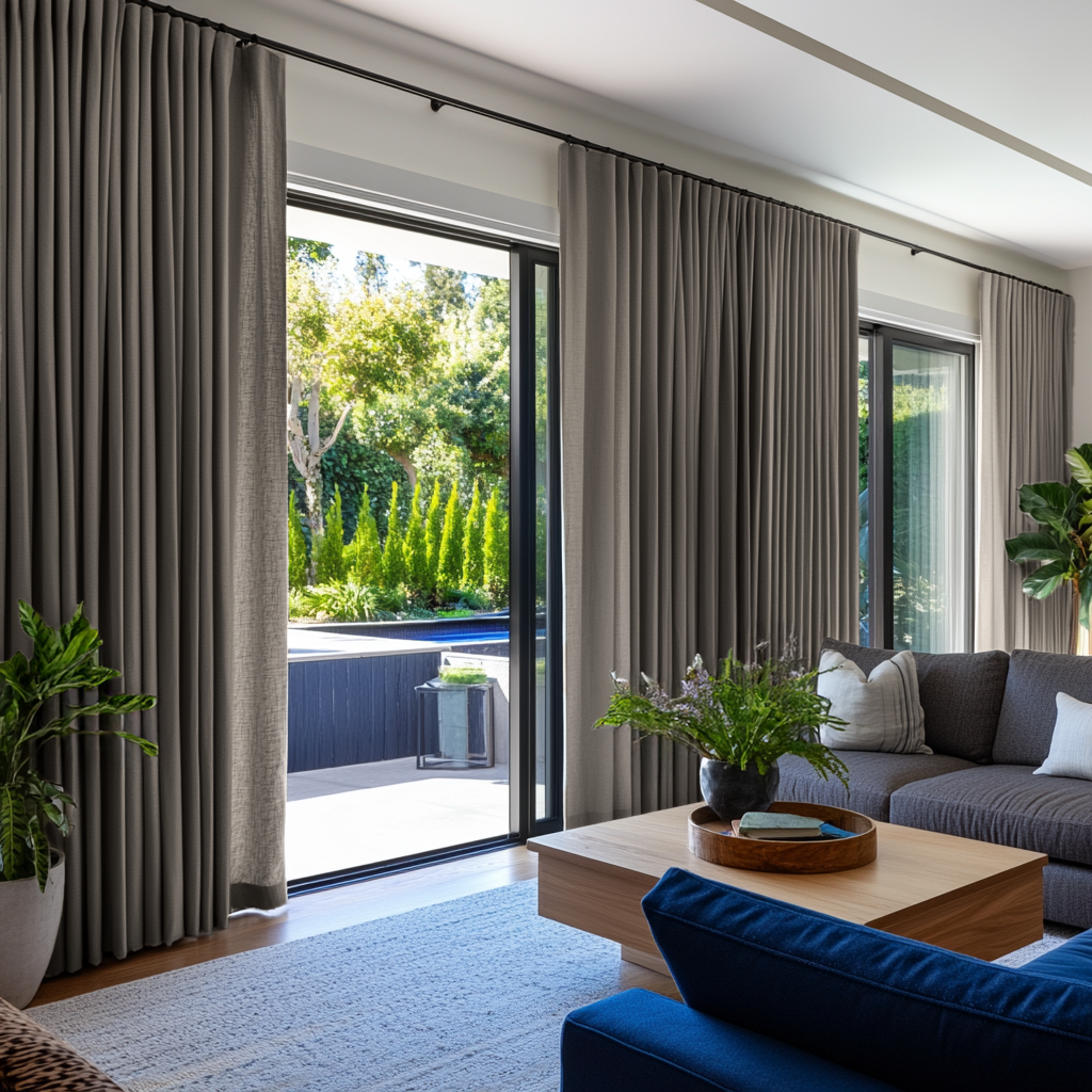 Natural Heavy Weight Linen S-Fold Curtains for Sliding Door in a Modern Living Room with Black Sliding Doors and Grey Sofa - Cotton Lining
