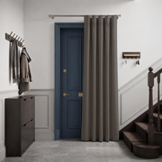 Natural Heavy Weight Thermal Door Curtains in a Hallway with Off-White Walls 